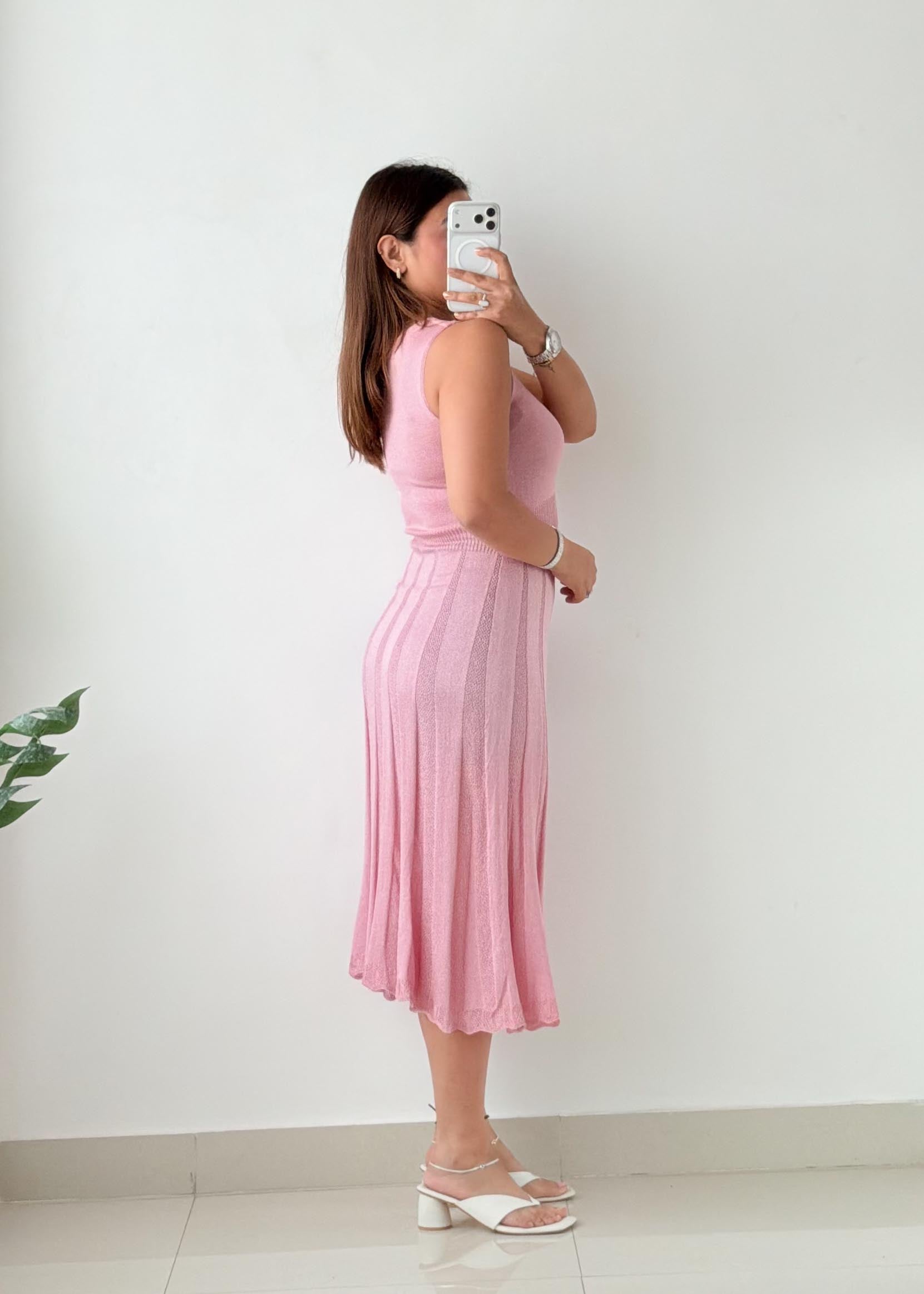 Size XS-S Pink Pleated Knit Midi Dress