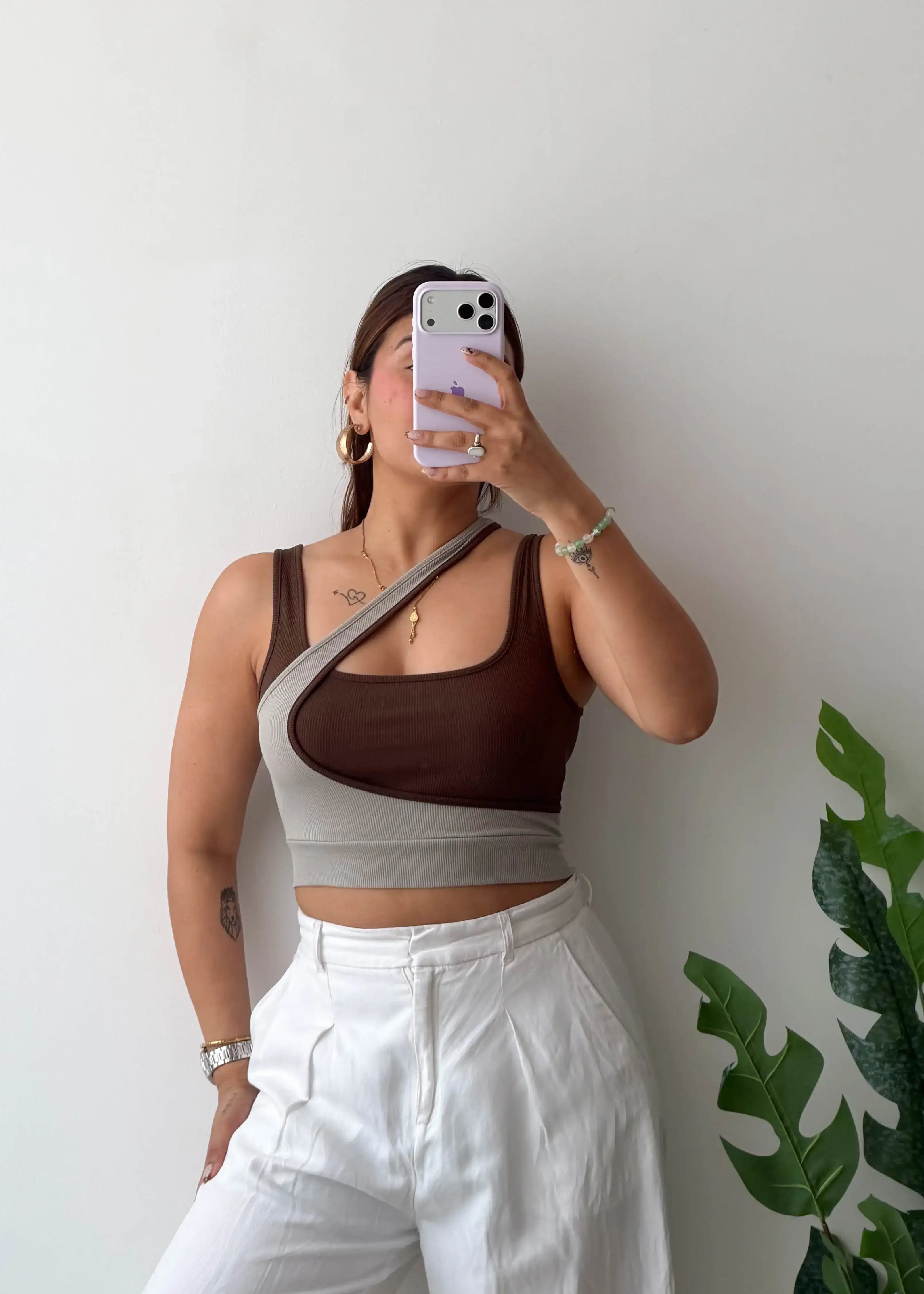 Size S-M, Brown & Grey Asymmetrical Crop Top