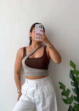 Size S-M, Brown & Grey Asymmetrical Crop Top