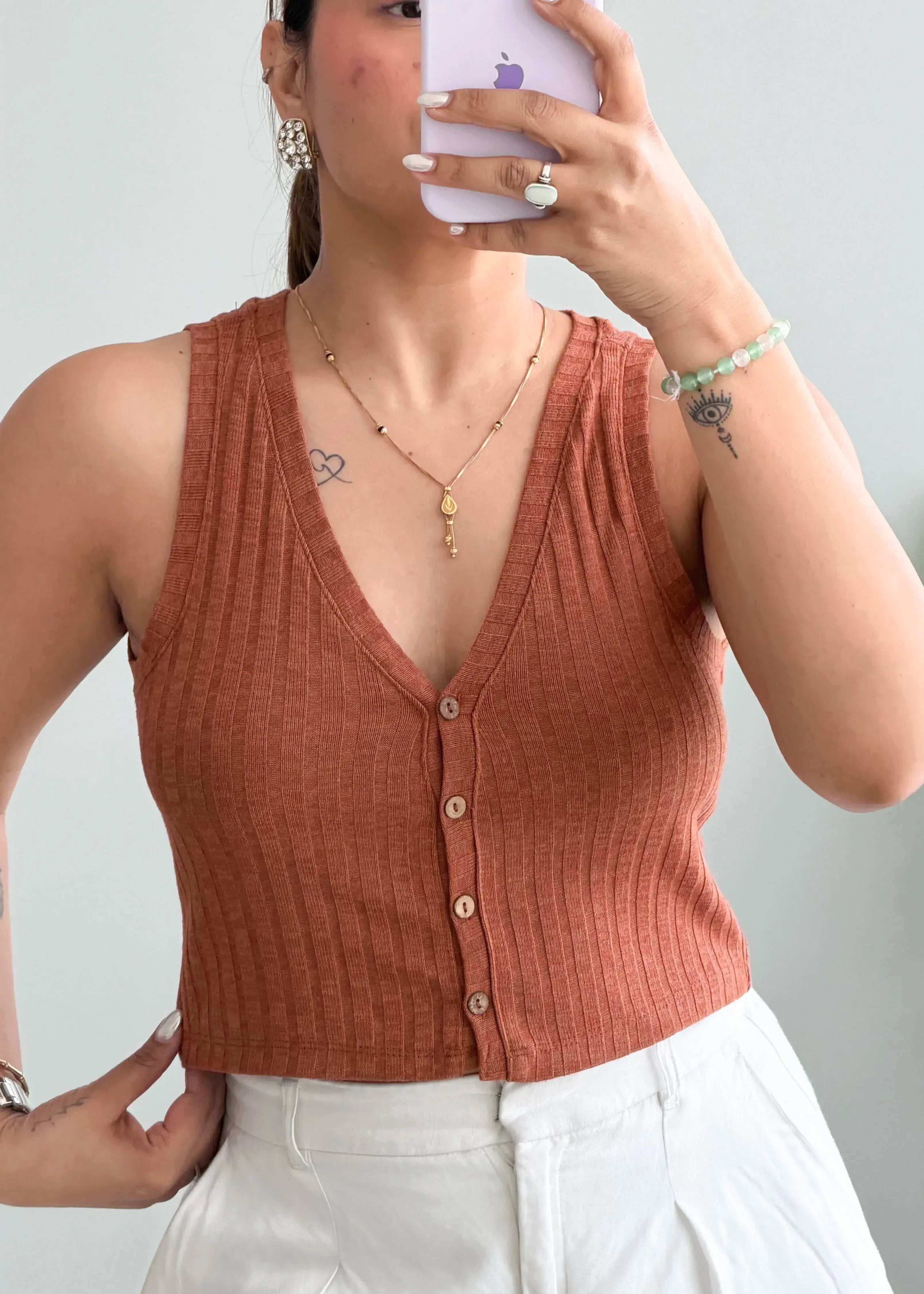 Size XS-S, Rust Button Front Ribbed Crop Top - Closet by Payal