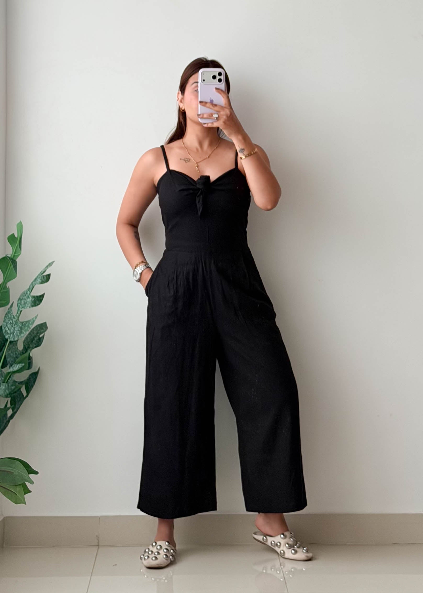 Size XS-S Black Tie Front Wide Leg Jumpsuit