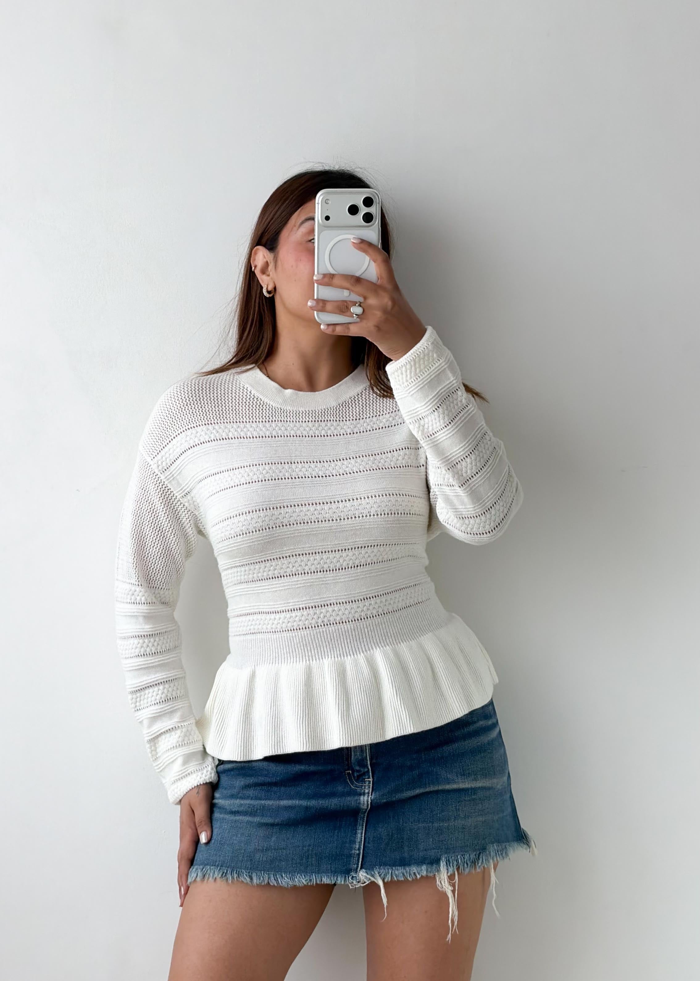 Size L-XL White Peplum Knit Sweater Top