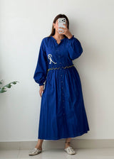 Size L-XL Royal Blue Embroidered Button-Down Maxi Dress