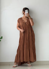 Size M-L Brown Embroidered Pleated Maxi Dress