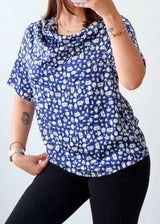 Size M Blue Printed Drape Neck Top