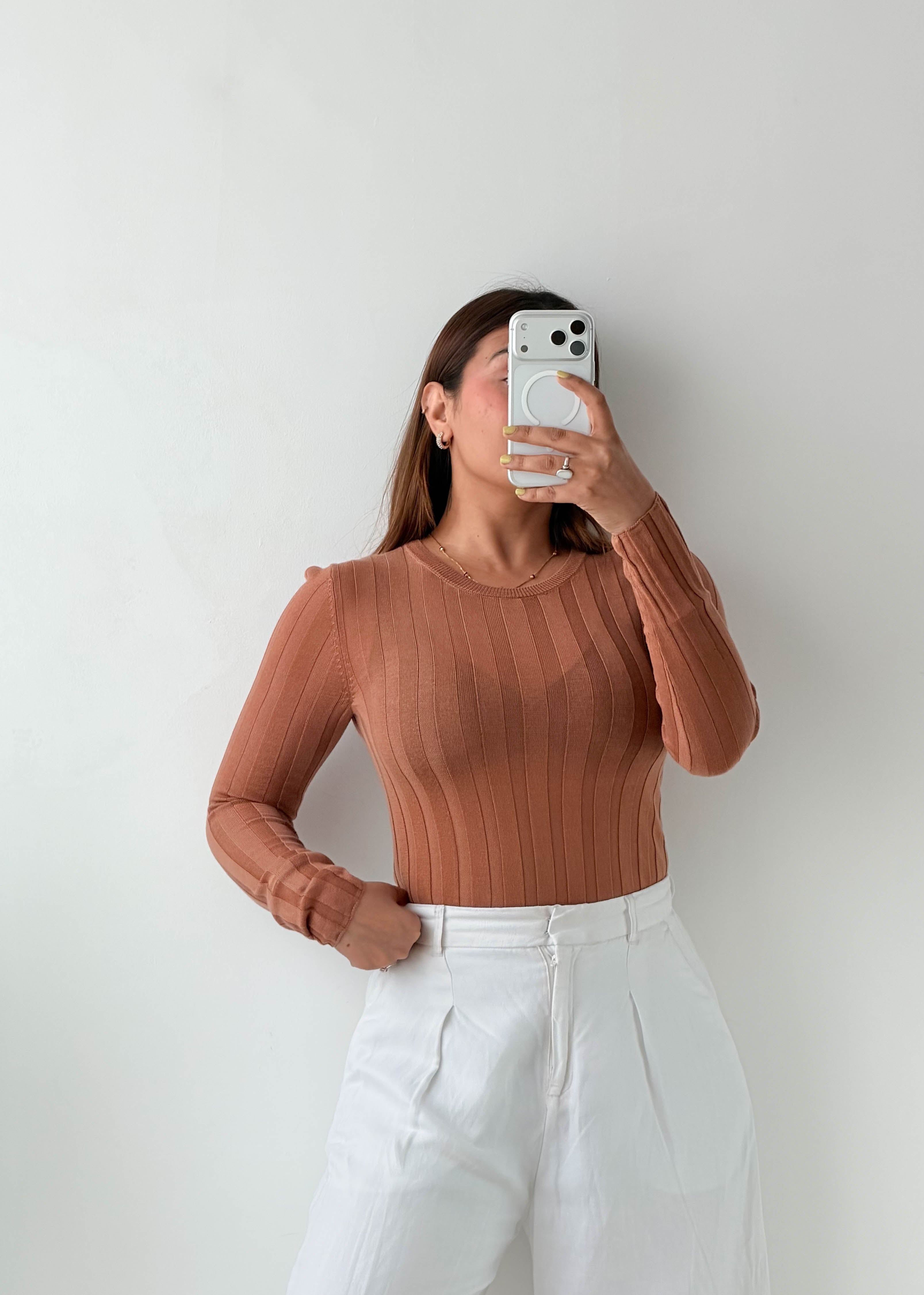 Size S-M Camel Ribbed Long Sleeve Top