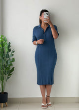 Size L-XL Blue Ribbed Polo Midi Dress