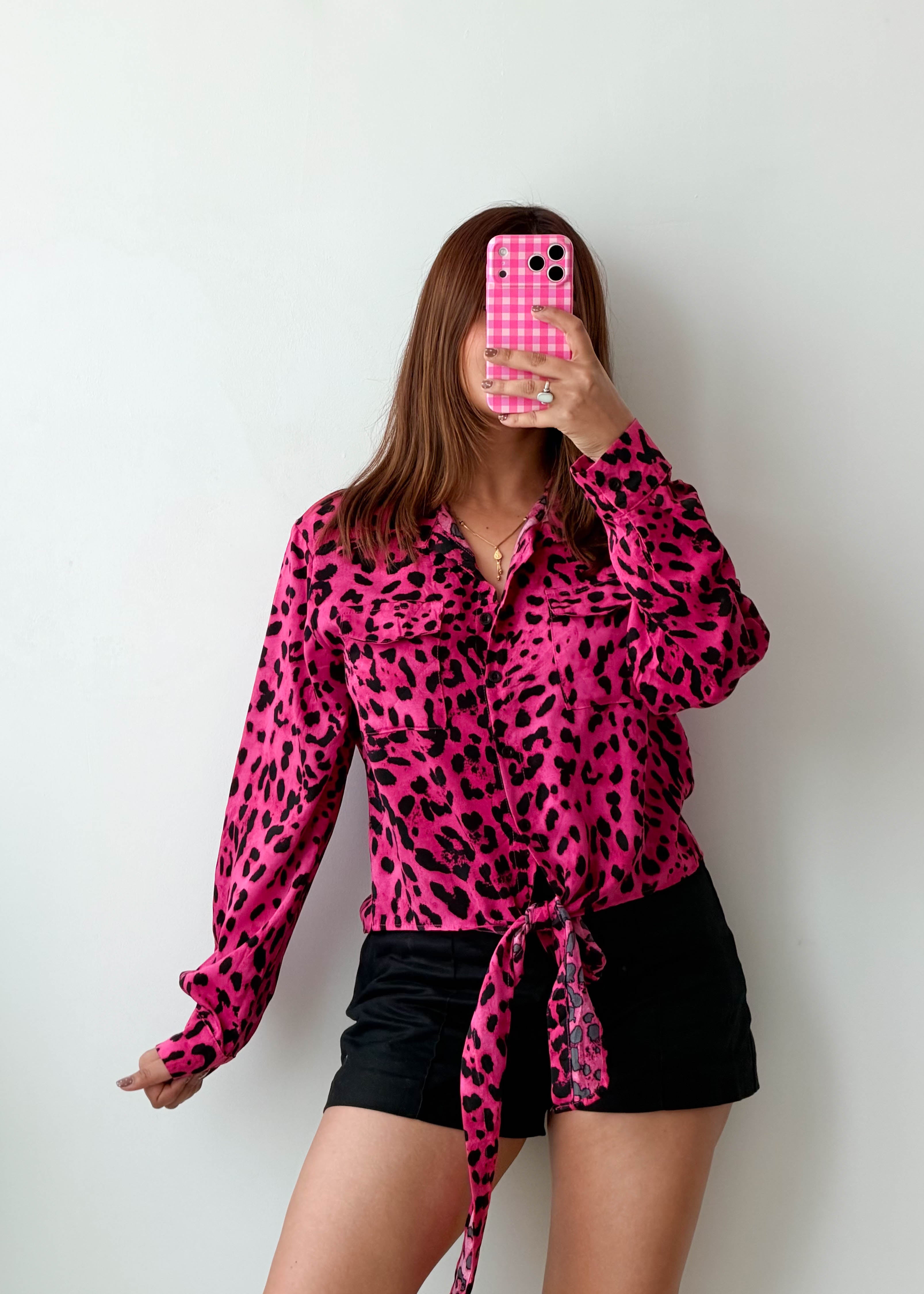 Size S-M Hot Pink Leopard Print Tie-Front Shirt