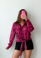 Size S-M Hot Pink Leopard Print Tie-Front Shirt