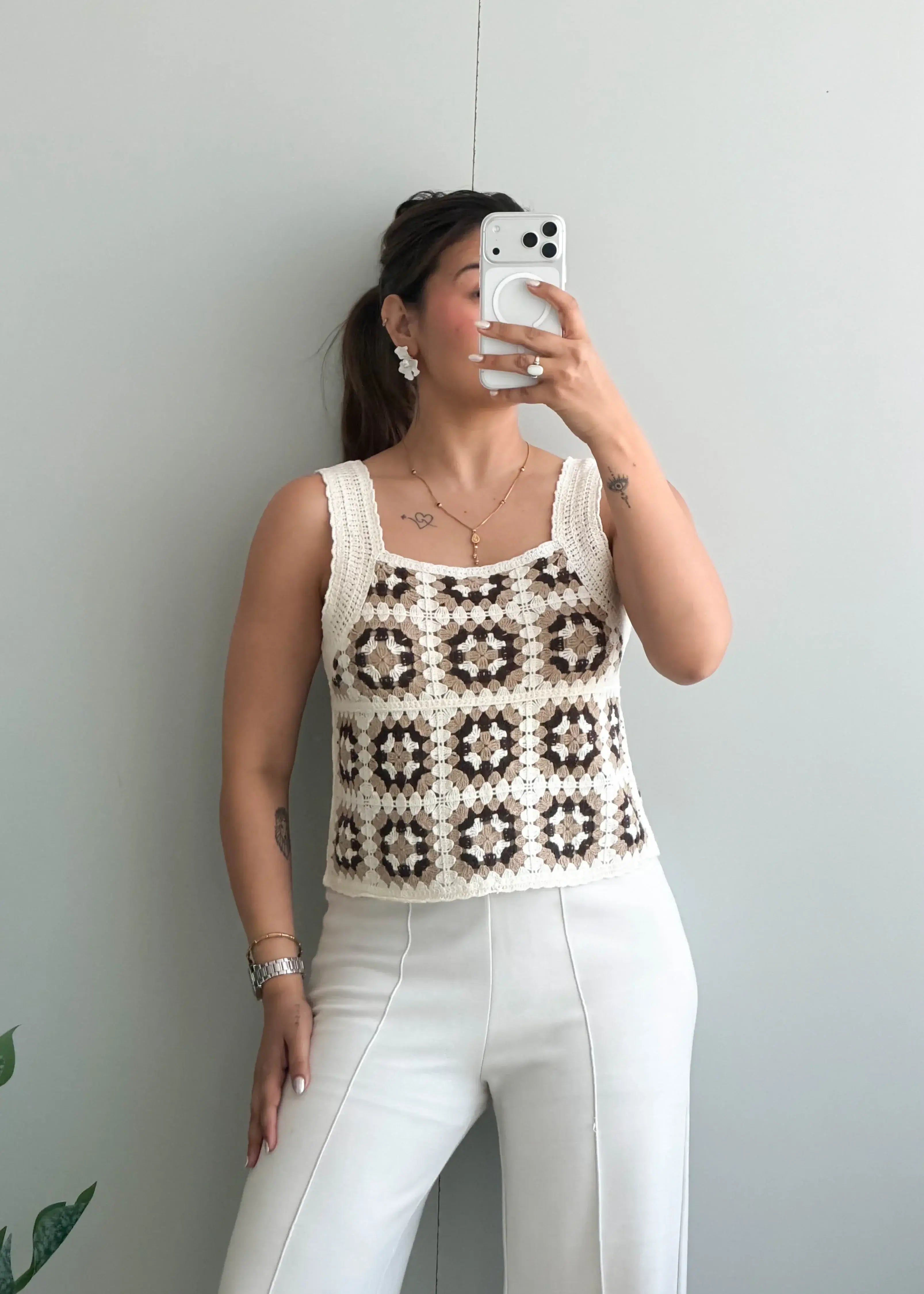 Size S-M, Cream Crochet Patchwork Tank Top - Closet by Payal