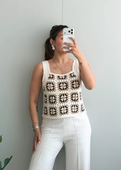 Size S-M, Cream Crochet Patchwork Tank Top - Closet by Payal
