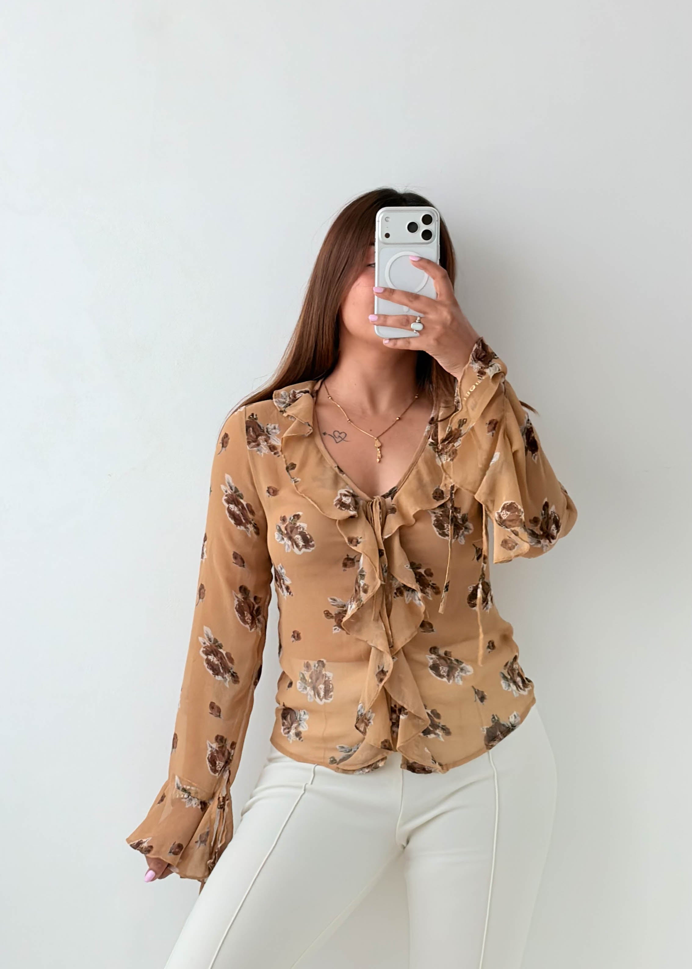 Size XS-S Beige Floral Ruffle Blouse