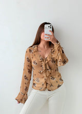 Size XS-S Beige Floral Ruffle Blouse