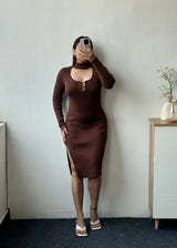 Size M-L, Brown Cut-Out Ribbed Midi Dress