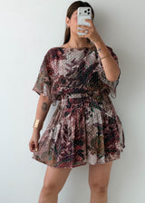 Size S-M Brown Floral Pleated Mini Dress