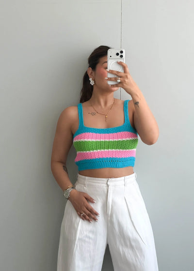 Size S-M, Multi-Color Stripe Crochet Crop Top - Closet by Payal