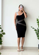 Size S-M, Black Contrast Strap Bodycon Midi Dress - Closet by Payal