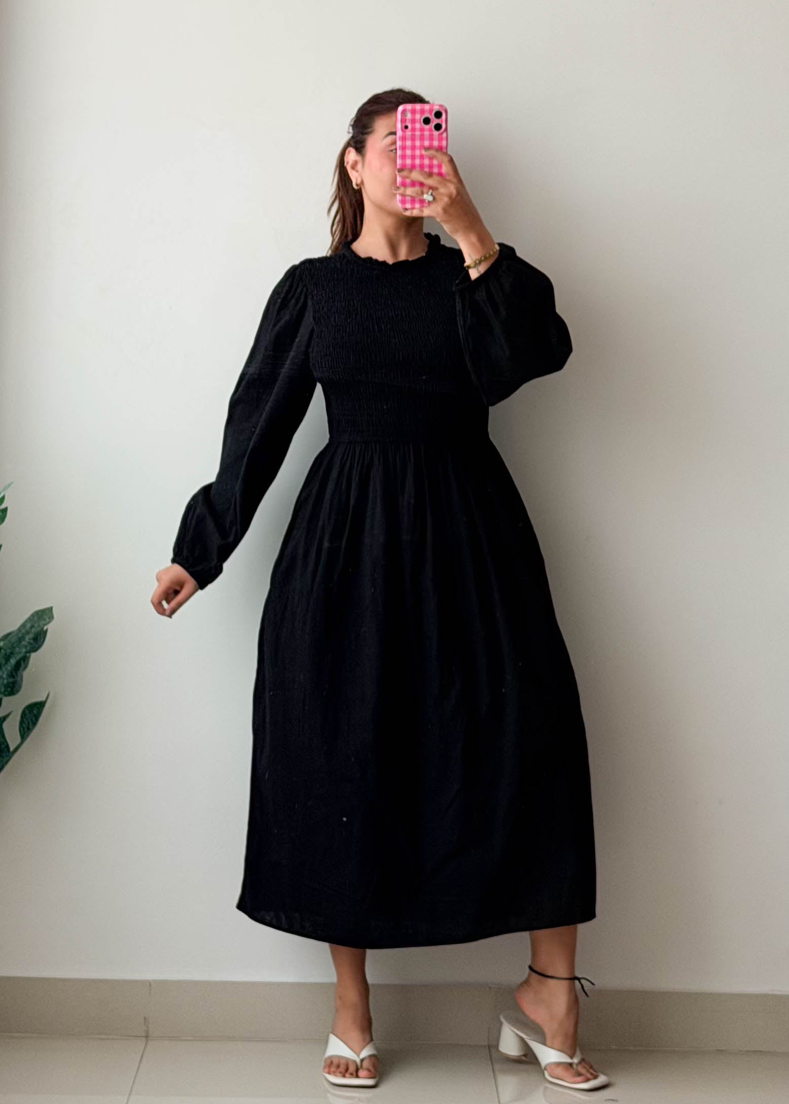 Size M-L Black Smocked Midi Dress