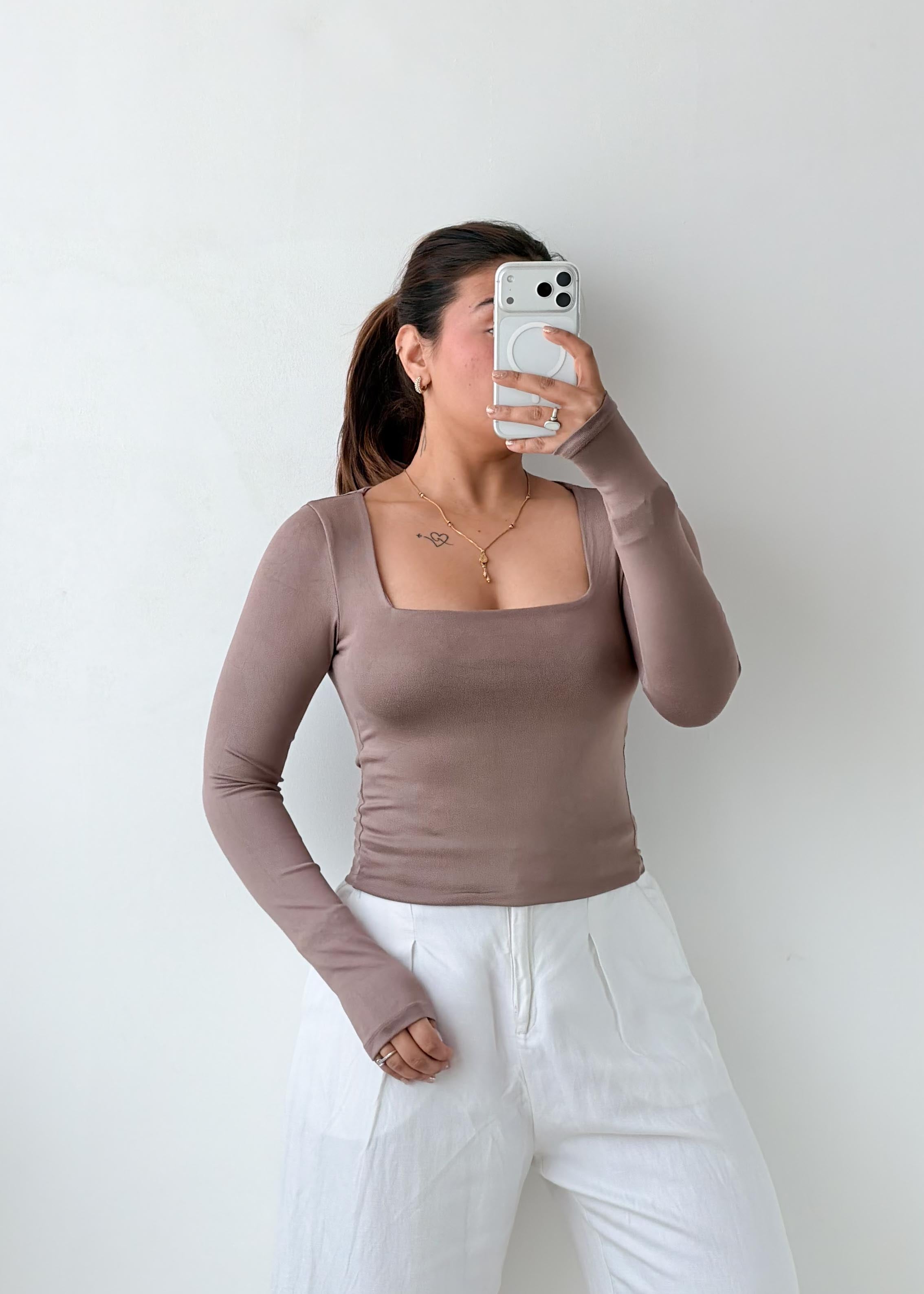 Size S-M Taupe Square Neck Top