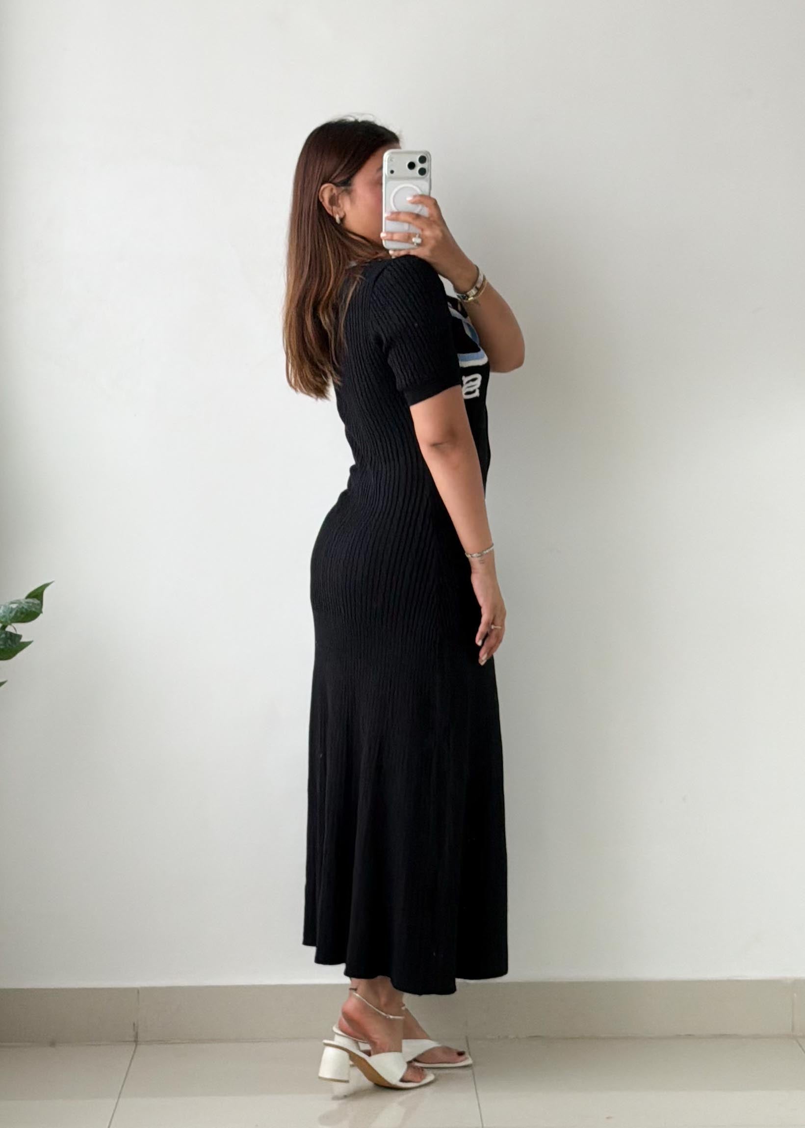 Size S-M Black Contrast Collar Ribbed Knit Maxi Dress
