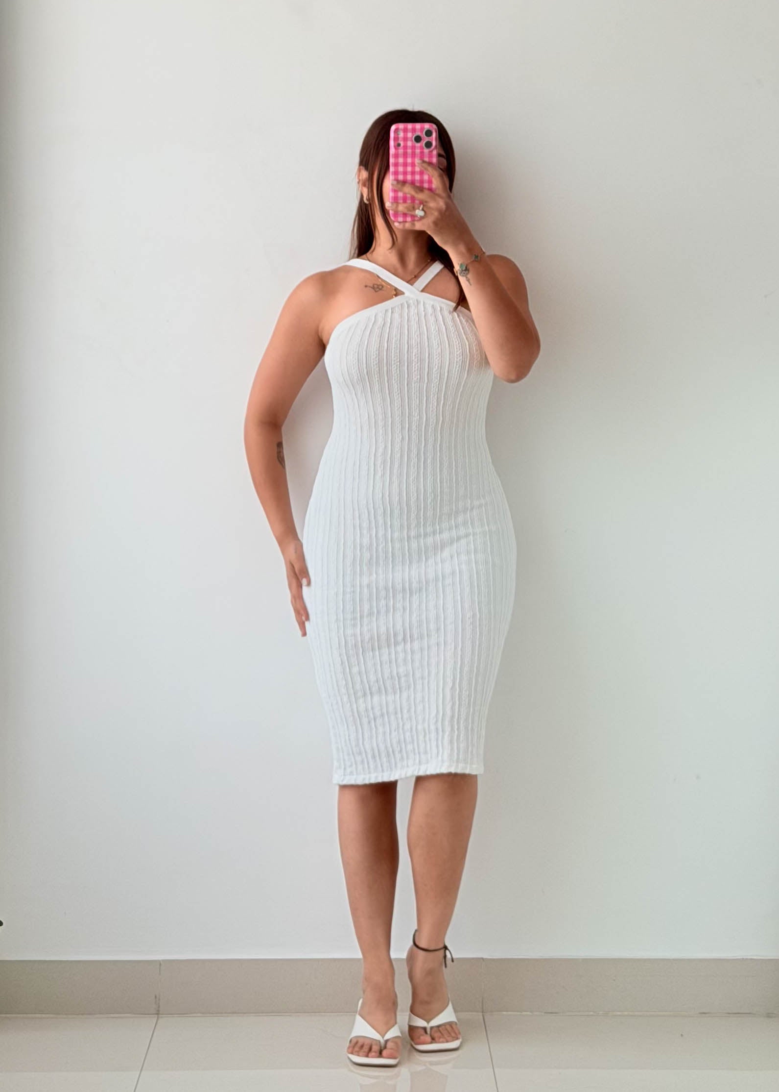 Size S-M White Ribbed Cross-Neck Midi Dress