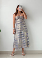 Size XS Cream Blue Printed Midi Dress