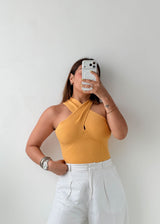Size S-M Mustard Cross Halter Knit Top