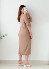Size L-XL Beige Ribbed Button Knit Midi Dress