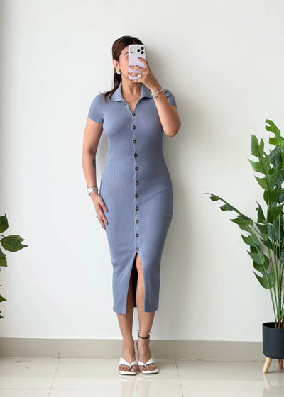 Size XS-S, Blue Collared Button-Down Ribbed Midi Dress - Closet by Payal