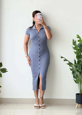 Size XS-S, Blue Collared Button-Down Ribbed Midi Dress - Closet by Payal