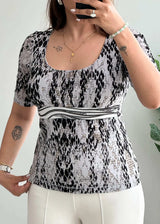 Size S-M, Y2K Black White Animal Print Scoop Neck Top - Closet by Payal
