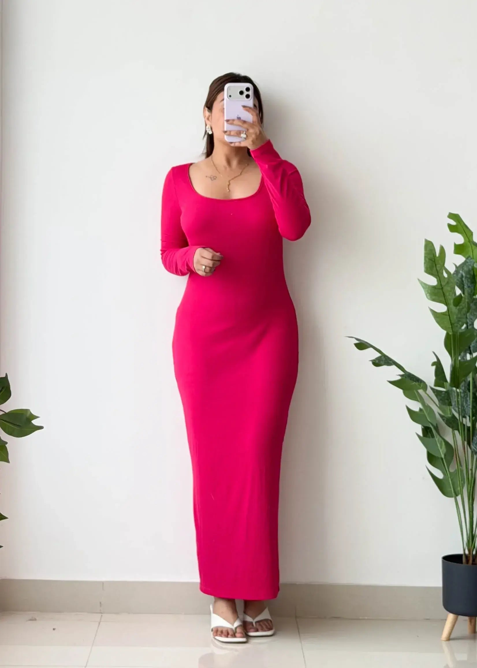 Size M-L, Hot Pink Long Sleeve Maxi Dress - Closet by Payal