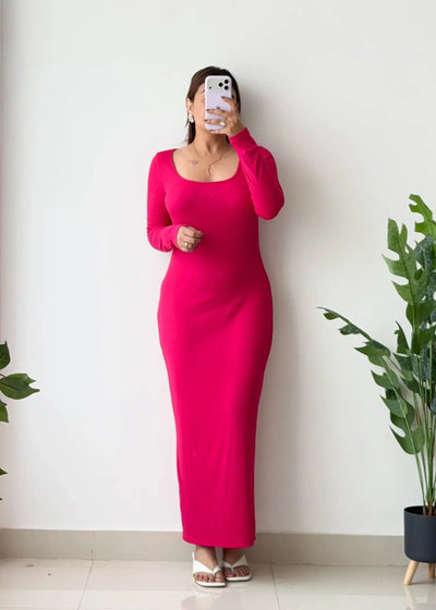 Size M-L, Hot Pink Long Sleeve Maxi Dress - Closet by Payal