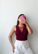 Size XS-S Burgundy Lace Trim Bodysuit