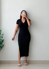 Size XS-S Black Collared Ribbed Midi Dress
