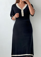 Size L-XL Black Contrast Trim Knit Midi Dress