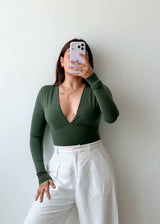 Size XS Olive Deep V Bodysuit
