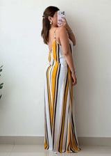 M-L Yellow White Striped Side Slit Maxi Dress