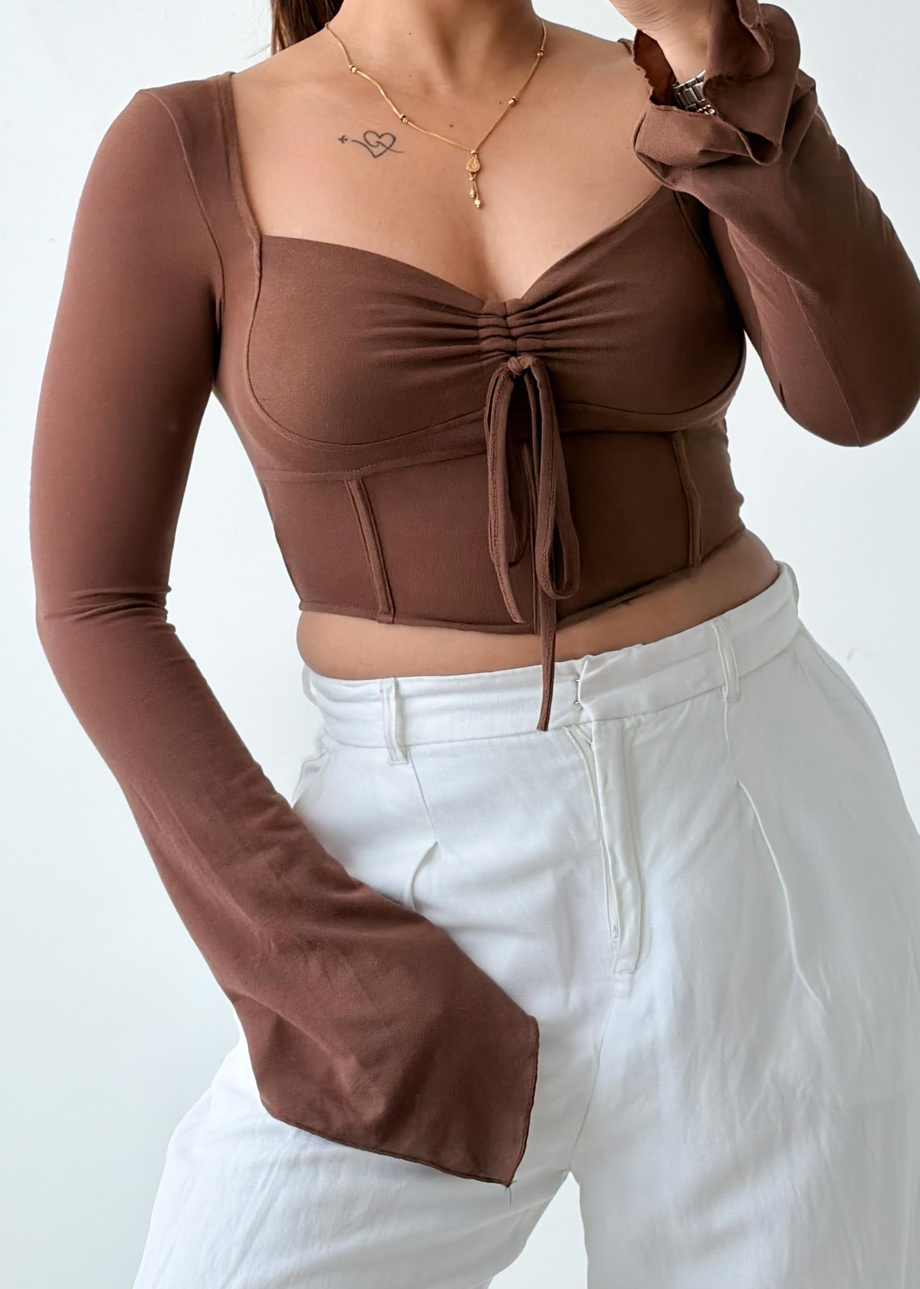 Size XS-S Brown Ruched Tie Front Top