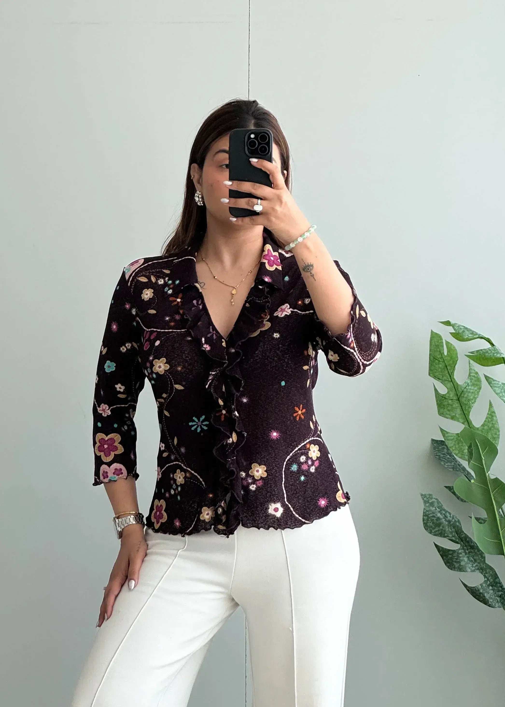 Size S-M, Brown Floral Ruffle Long Sleeve Top - Closet by Payal