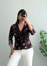 Size S-M, Brown Floral Ruffle Long Sleeve Top - Closet by Payal