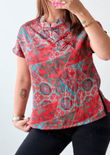 Size S-M Coral Geometric Print Mandarin Collar Top