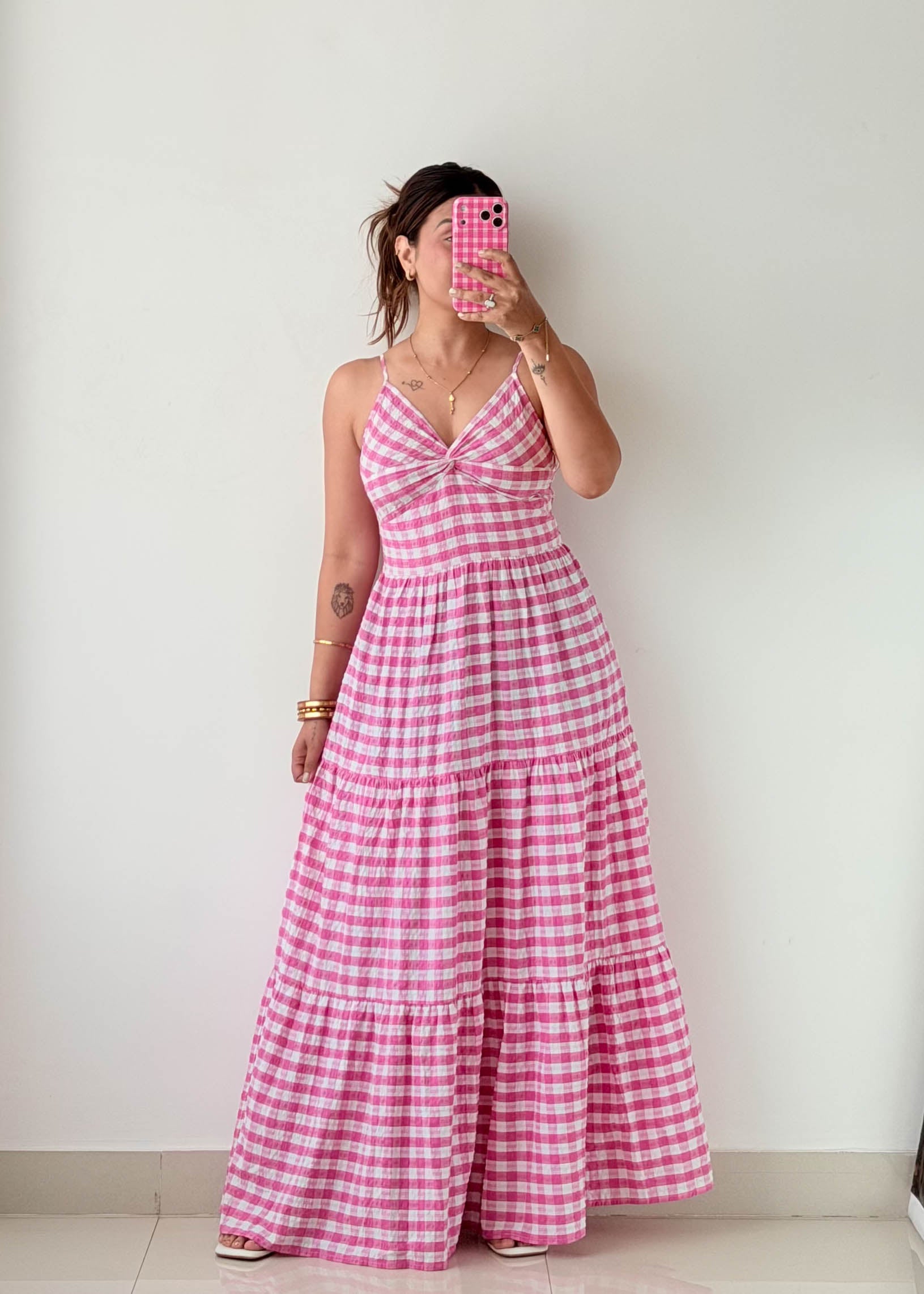 Size S-M Pink Gingham Tiered Maxi Dress