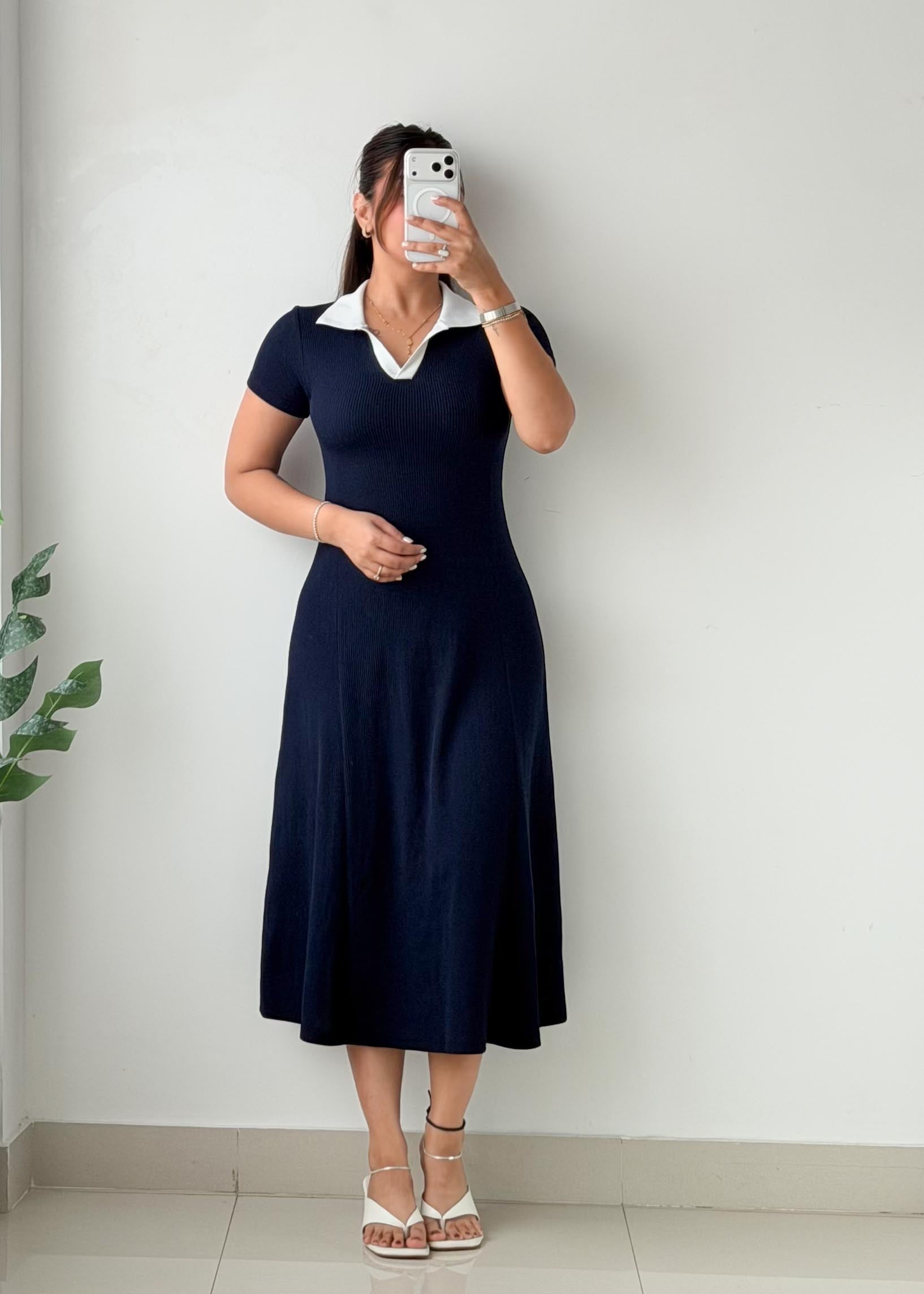 Size XS-S Navy Blue Collared Fit & Flare Midi Dress
