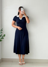Size XS-S Navy Blue Collared Fit & Flare Midi Dress