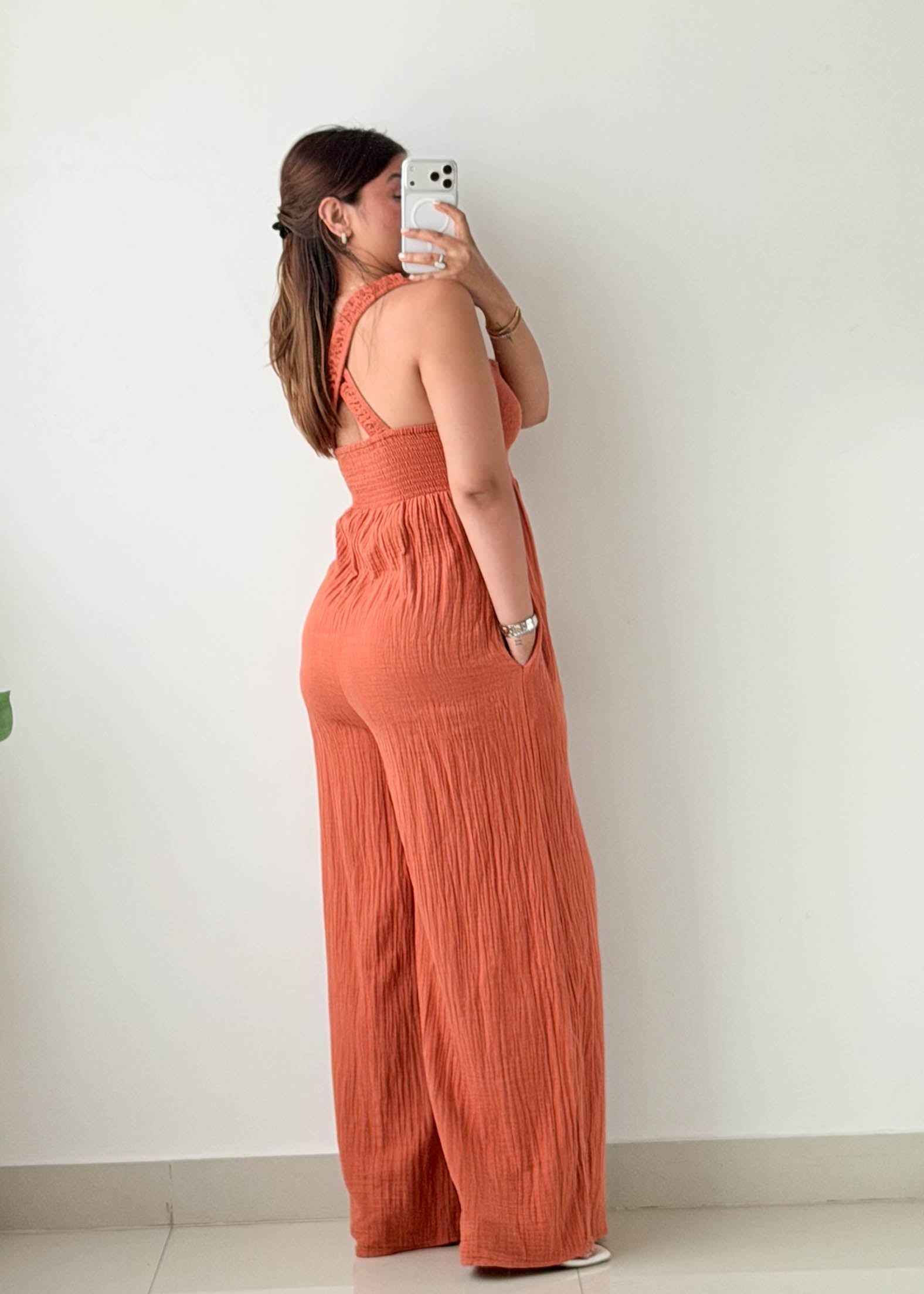 Size M-L Rust Orange Textured Jumpsuit