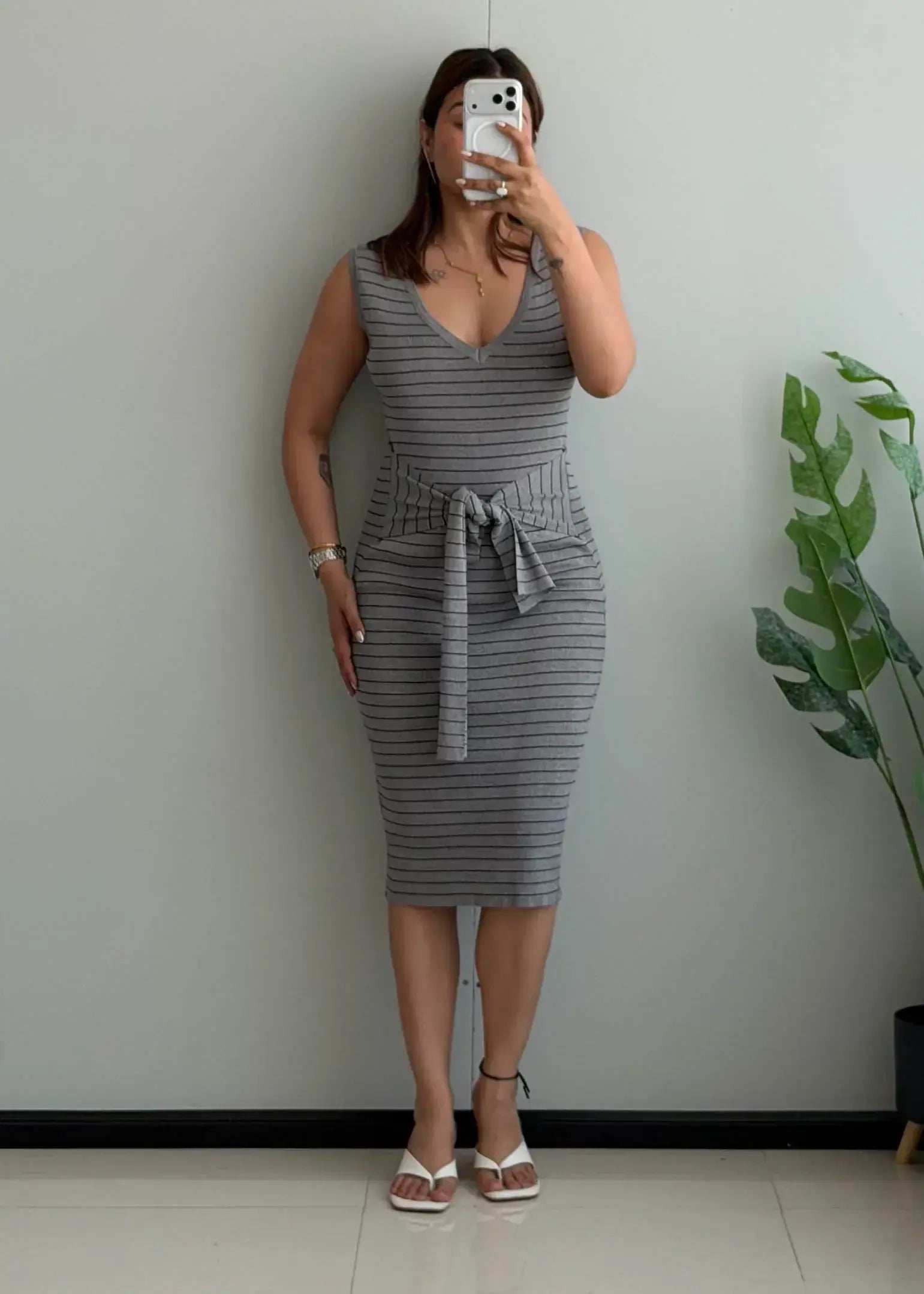 SIZE S-M, Grey Stripe Tie Waist Midi Dress - Closet by Payal