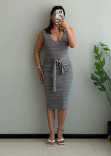 SIZE S-M, Grey Stripe Tie Waist Midi Dress - Closet by Payal