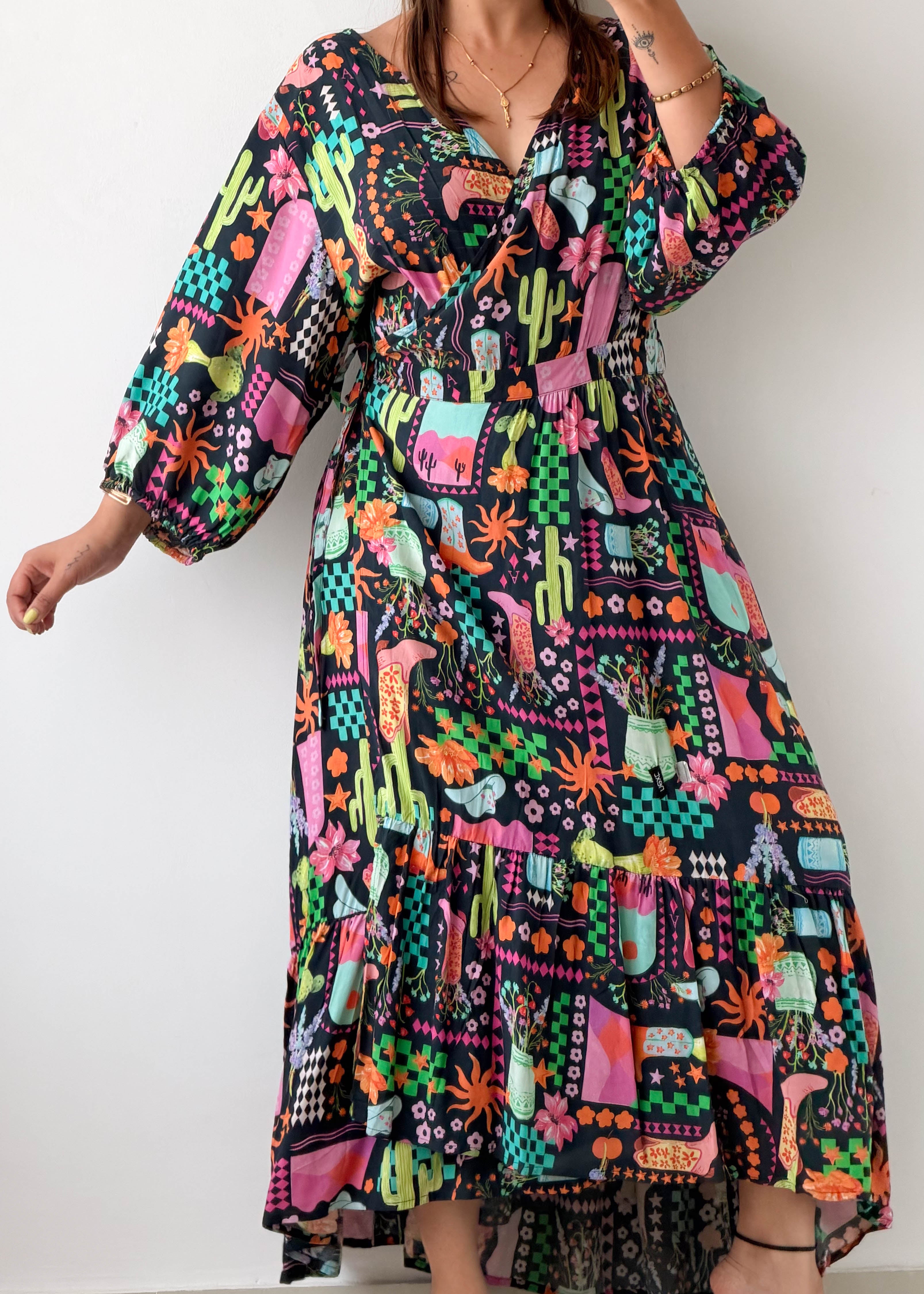 Size XL-XXL Black Abstract Printed Maxi Dress