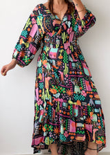 Size XL-XXL Black Abstract Printed Maxi Dress